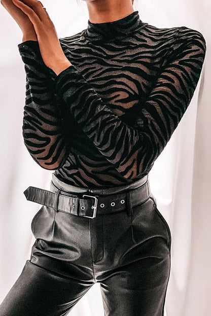 Mock Neck Long Sleeve Zebra Print Bodysuit