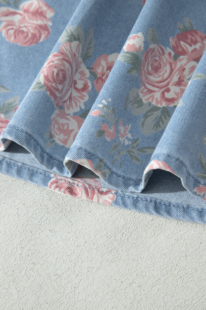 Sky Blue Floral Denim Short Sleeve Top Loose Shorts 2pcs Set