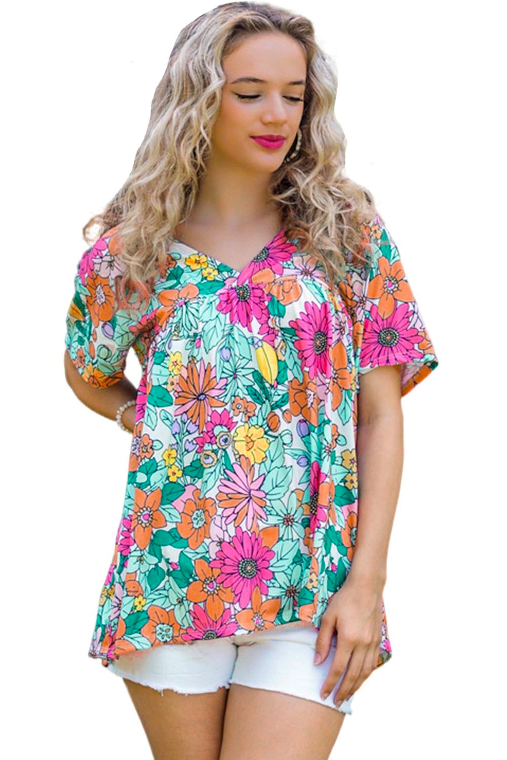 Top de manga corta con dobladillo asimétrico y estampado floral multicolor 