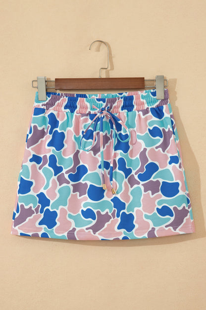 Sky Blue Abstract Camo Elastic Waist Drawstring Mini Skort