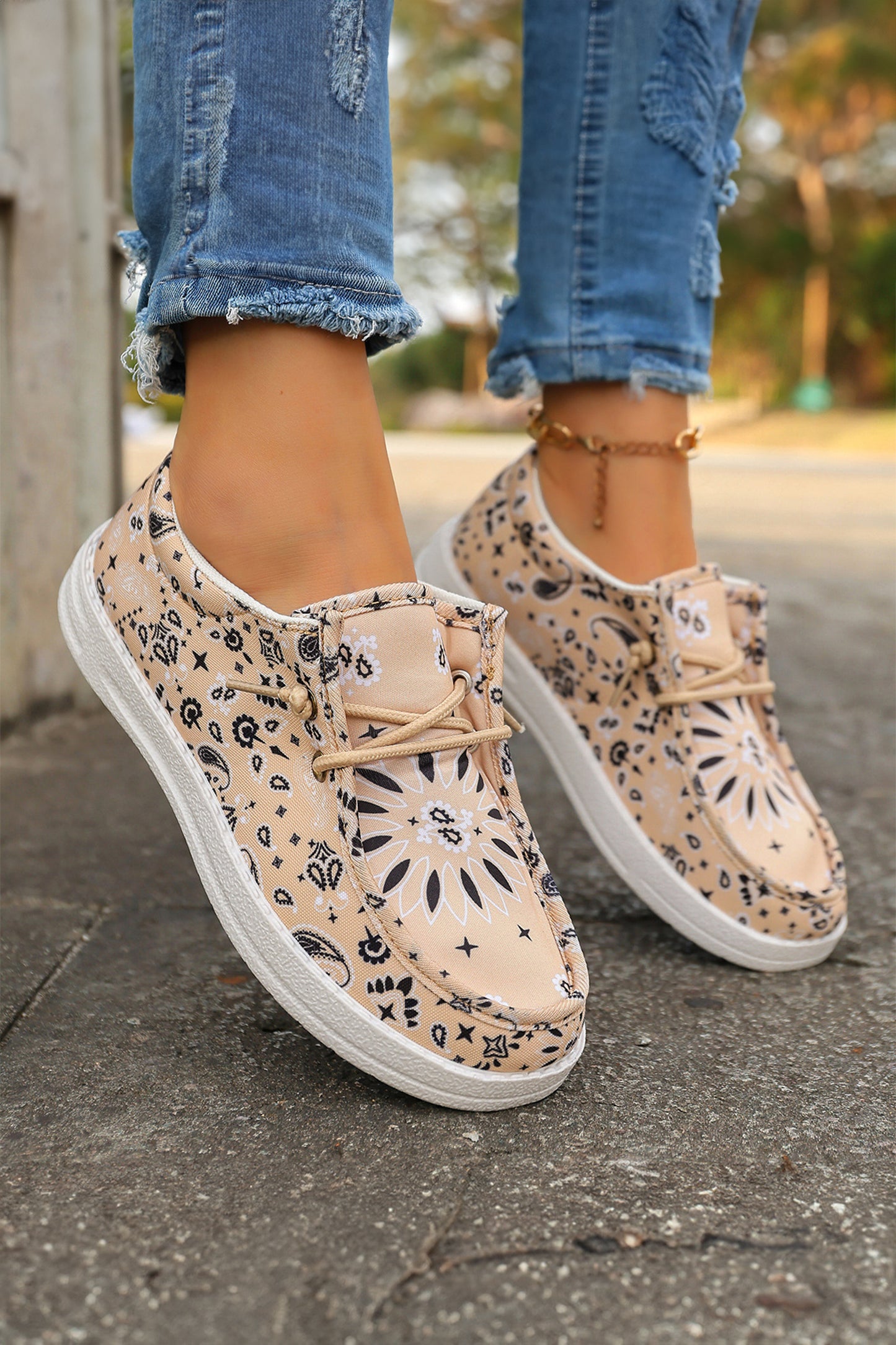 Khaki Boho Floral Print Lace-up Detail Canvas Flat Shoes