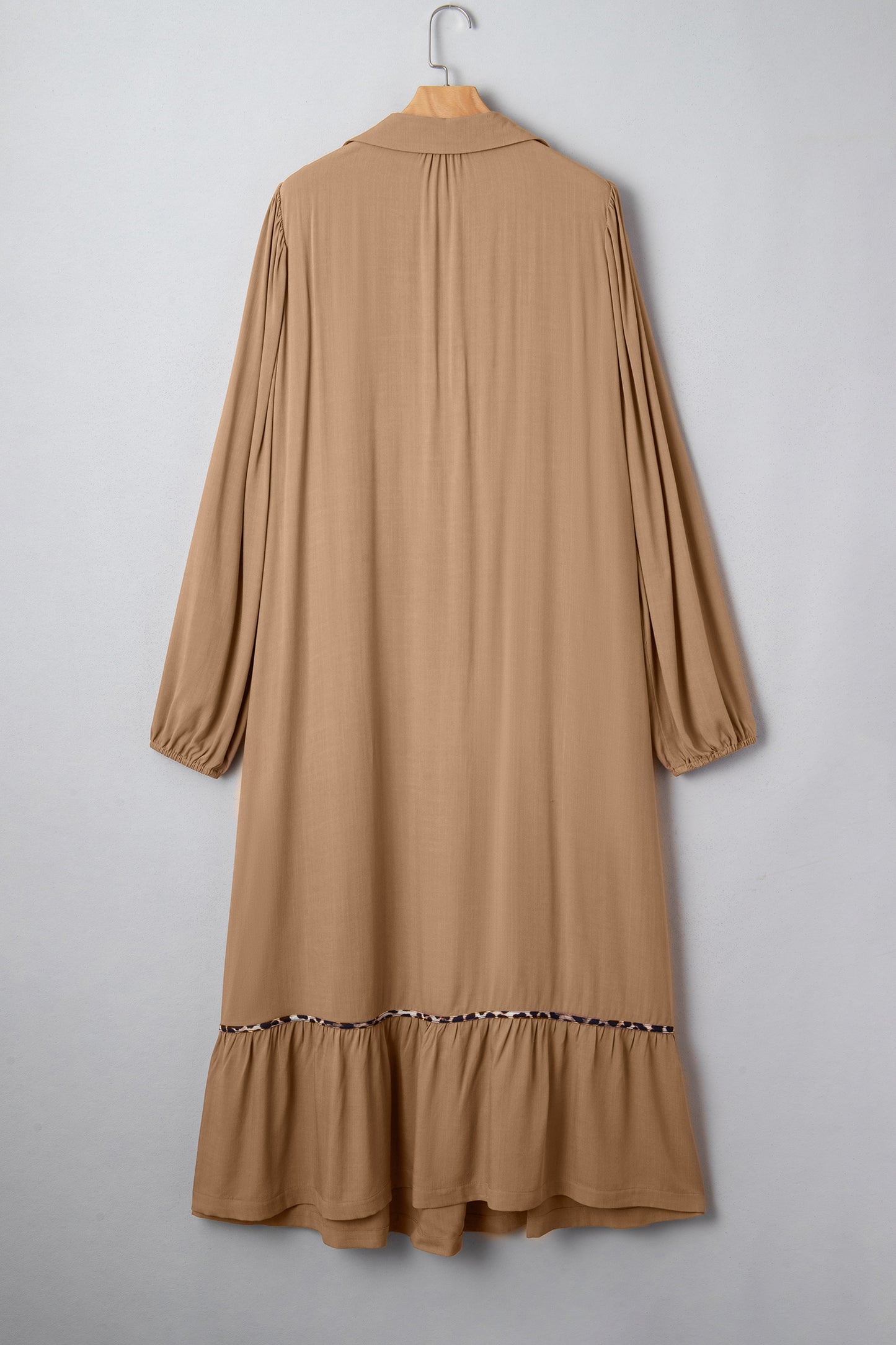 Chestnut Smocked V Neckline Leopard Piping Accent Bracelet Plus Size Long Dress