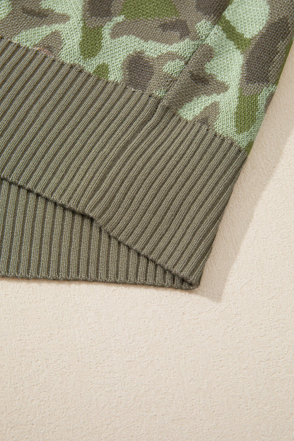 Green Camo Print Button Front Loose Sweater Vest