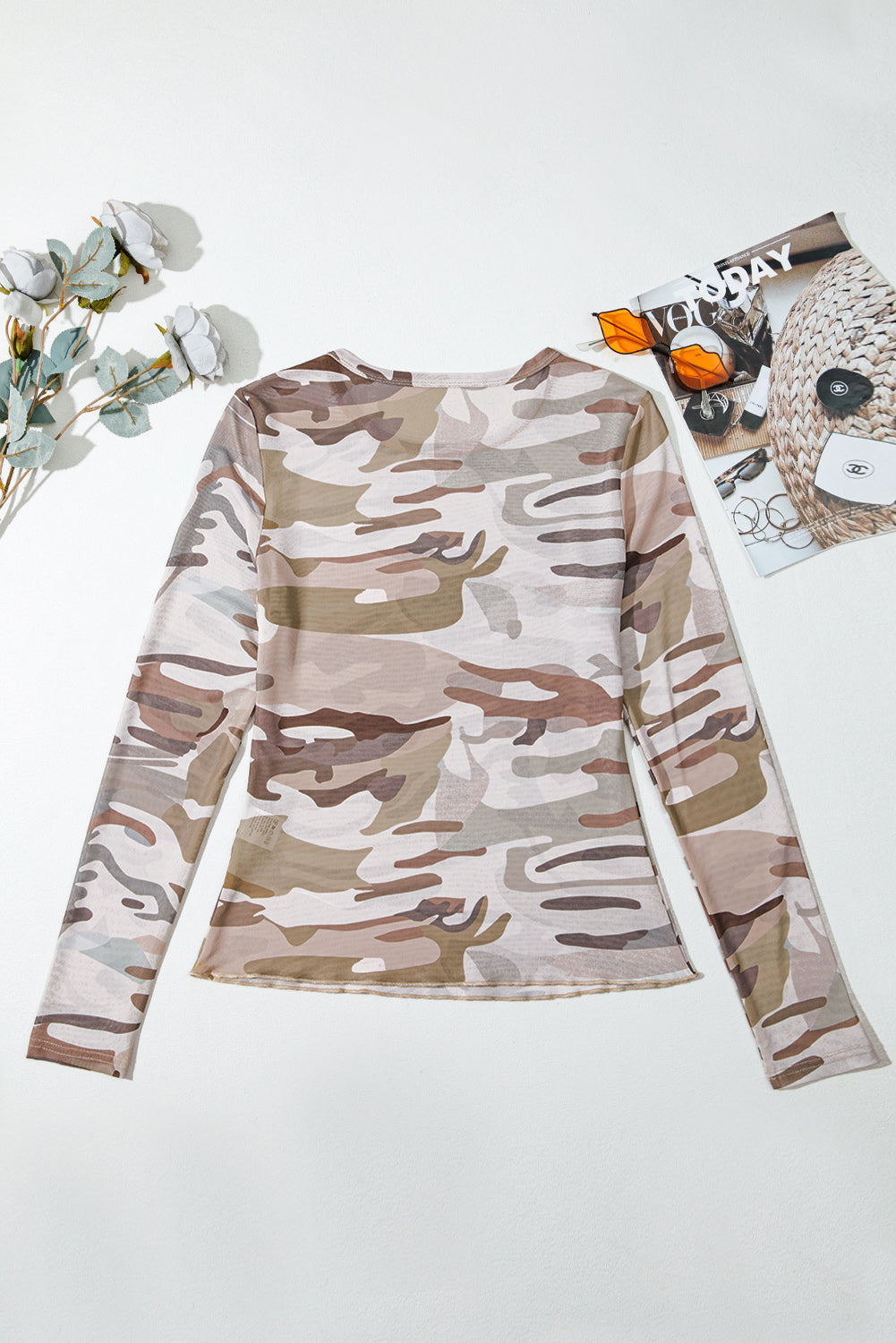 Green Western Fashion Camouflage Print Mesh Long Sleeve Top