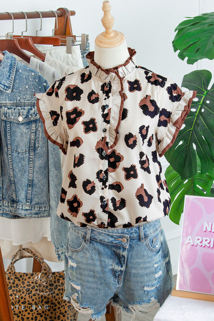 Khaki Leopard Printed Ruffle Sleeve Summer Blouse
