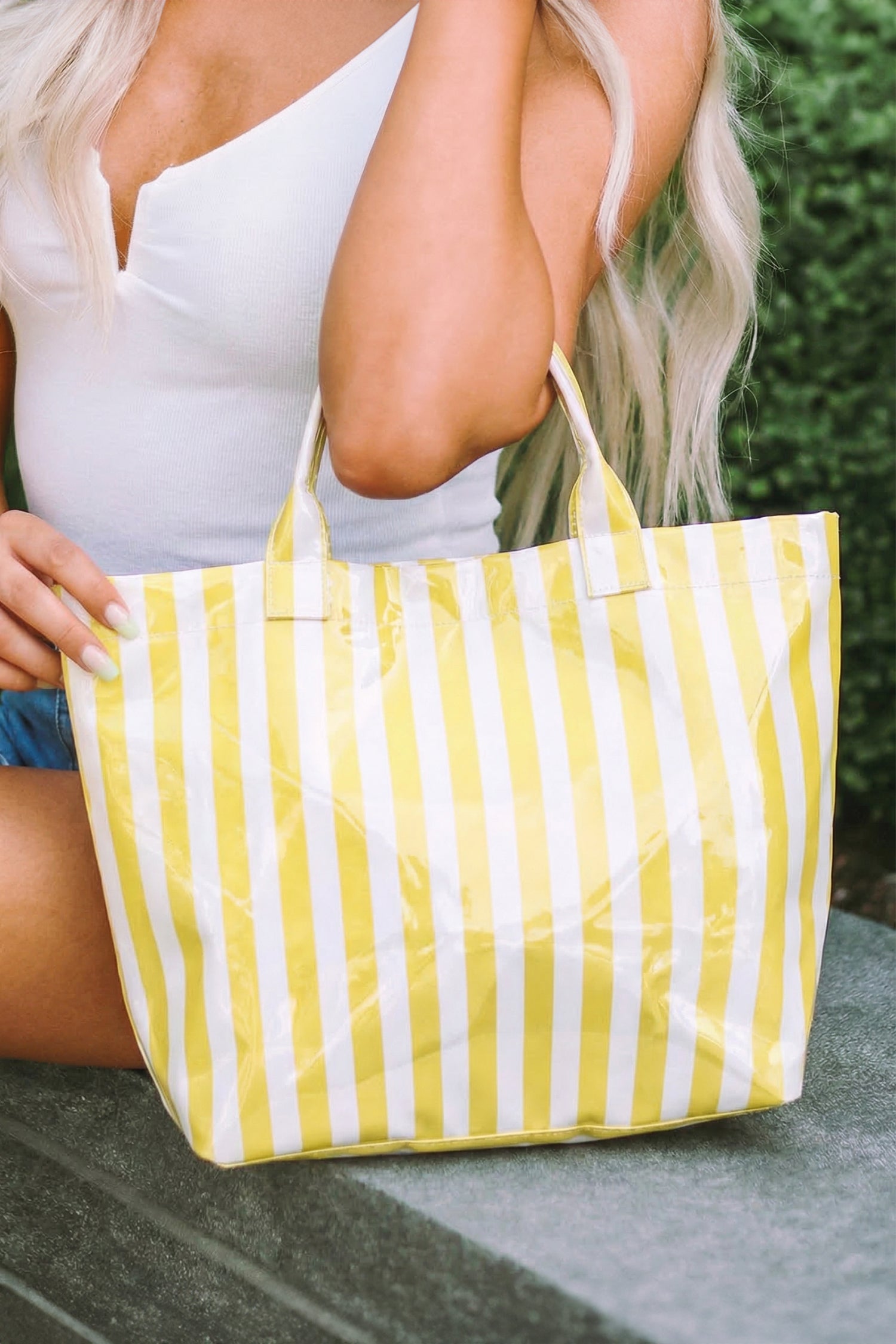 Yellow Cream Glossy Striped Vinyl Large Tote Bag