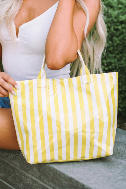 Yellow Cream Glossy Striped Vinyl Large Tote Bag
