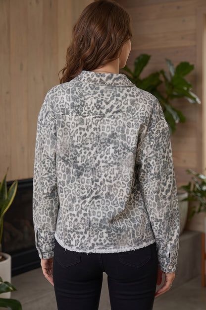 Khaki Leopard Print Studded Collar Studded Patch Pocket Denim Jacket