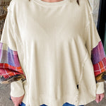 Beige Plus Size Multicolor Plaid Patchwork Sleeve Pullover Top