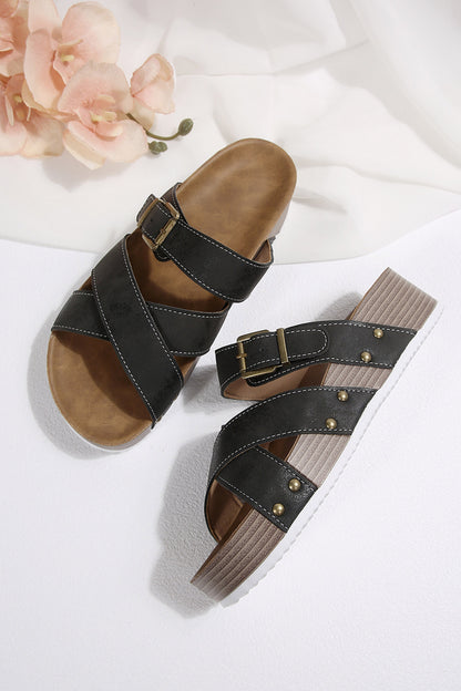 Color black Faux Suede PU Leather Strappy Cutout Retro Slippers
