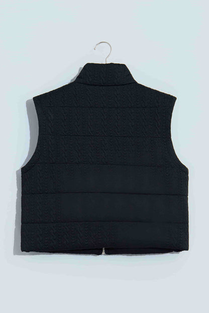 Black Textured Quilted Stand Neck Zipper Winter Vest