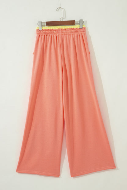 Grapefruit Orange Color Block Flower Patchwork Drawstring Contrasted Elastic Waist Wide Leg Pants