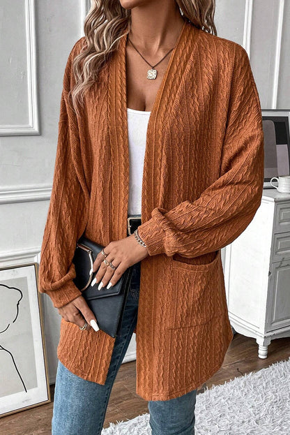 Cardigan ouvert sur le devant en tricot texturé marron avec poches latérales