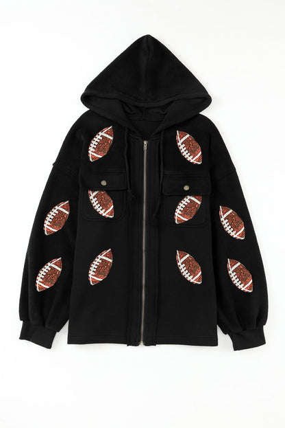 Black Sequined Rugby Pattern Pocketed Zipper Hooded Jacket