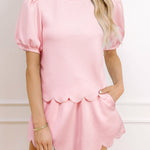 Light Pink Puff Sleeve Pearl Embellished Scallop Trim Top 2 Piece Skort Set