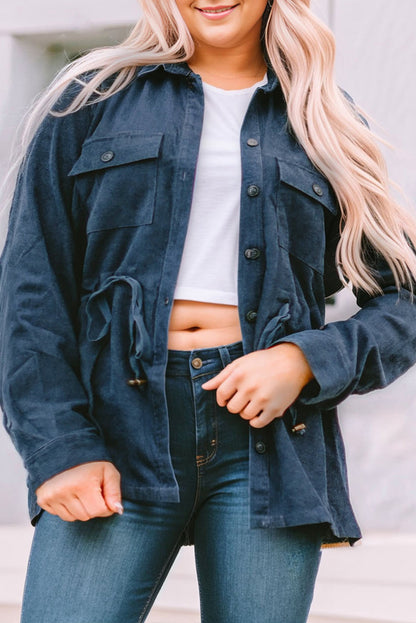 Blue Plus Size Corduroy Jacquard Knit Aztec Back Jacket