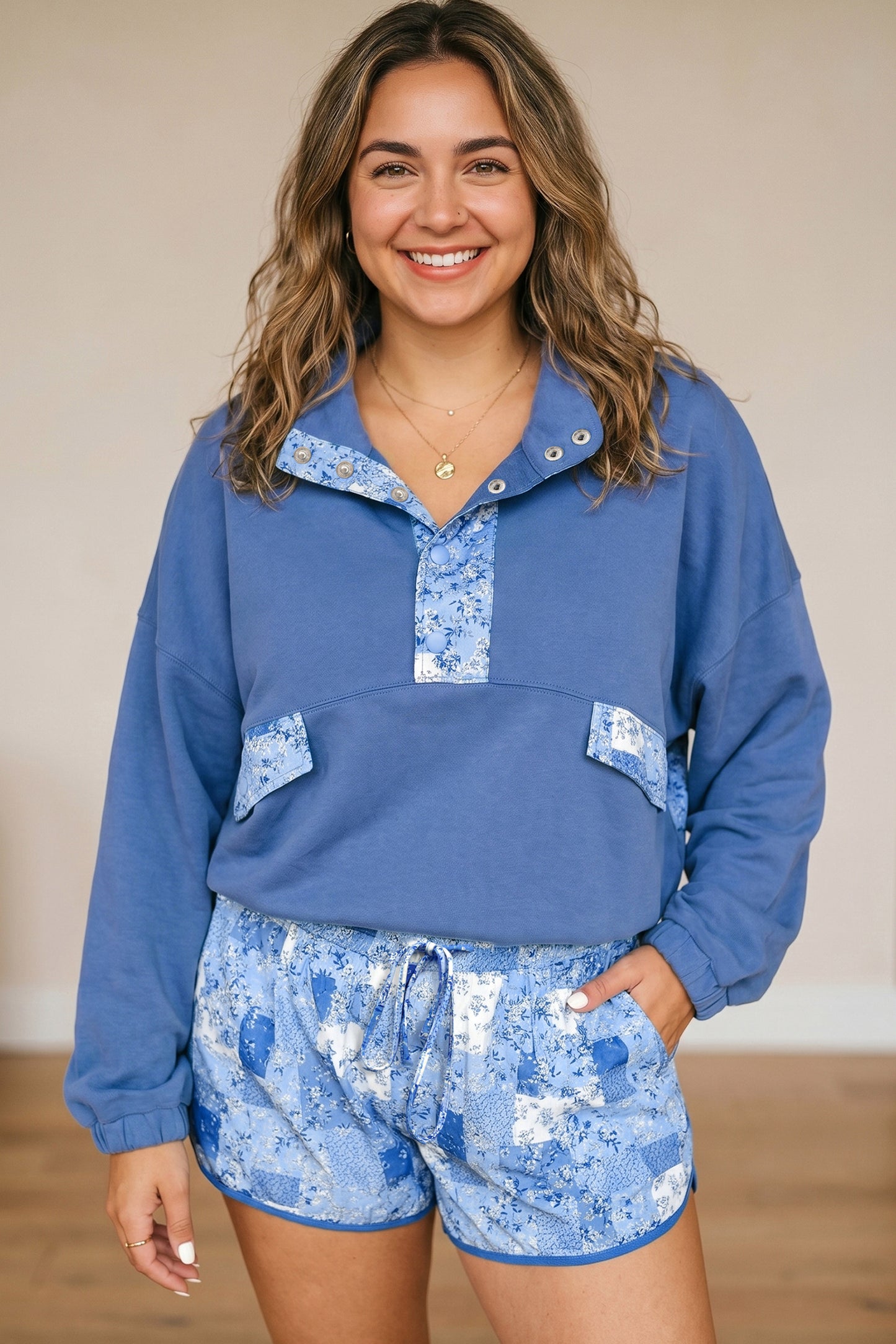 Blue Floral Patchwork V-Neck Long Sleeve Short Bottoms Plus Size Set