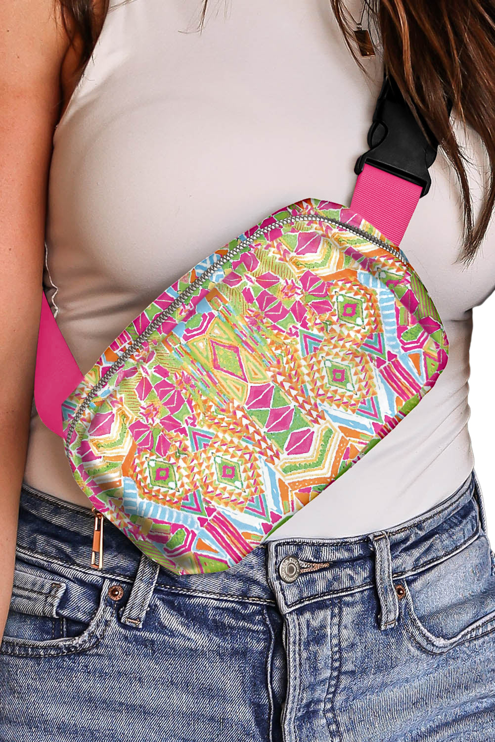 Sac de poitrine large à ceinture et boucle à imprimé western rouge rose