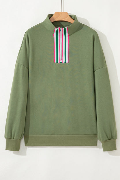 Vineyard Green Contrast Striped Patchwork Zip Collar Pullover Sweatshirt