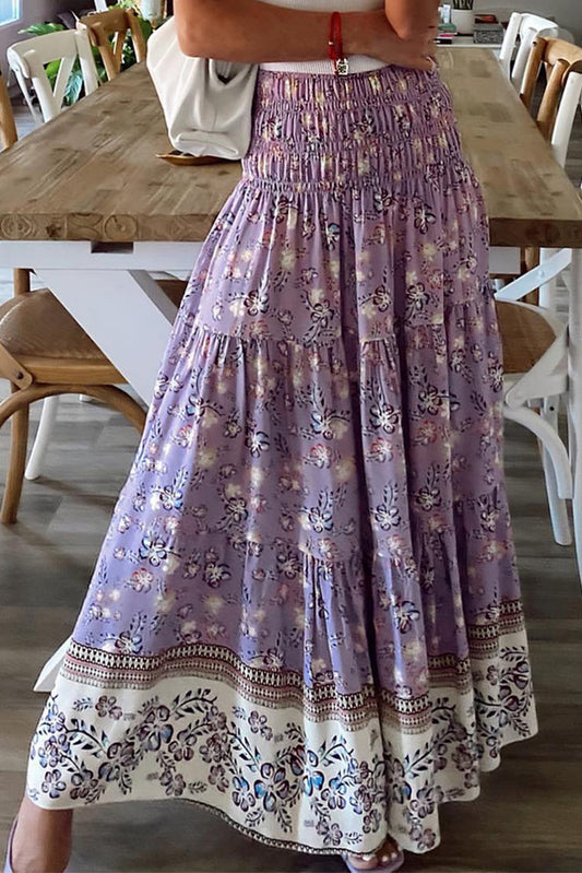 Falda larga fruncida de cintura alta con estampado floral