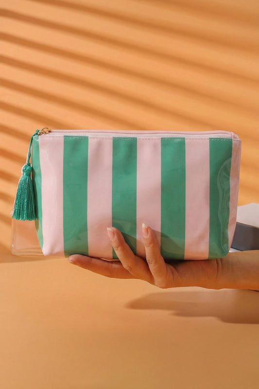 Dark Green Striped Vinyl Waterproof Tassel Zipper Makeup Bag