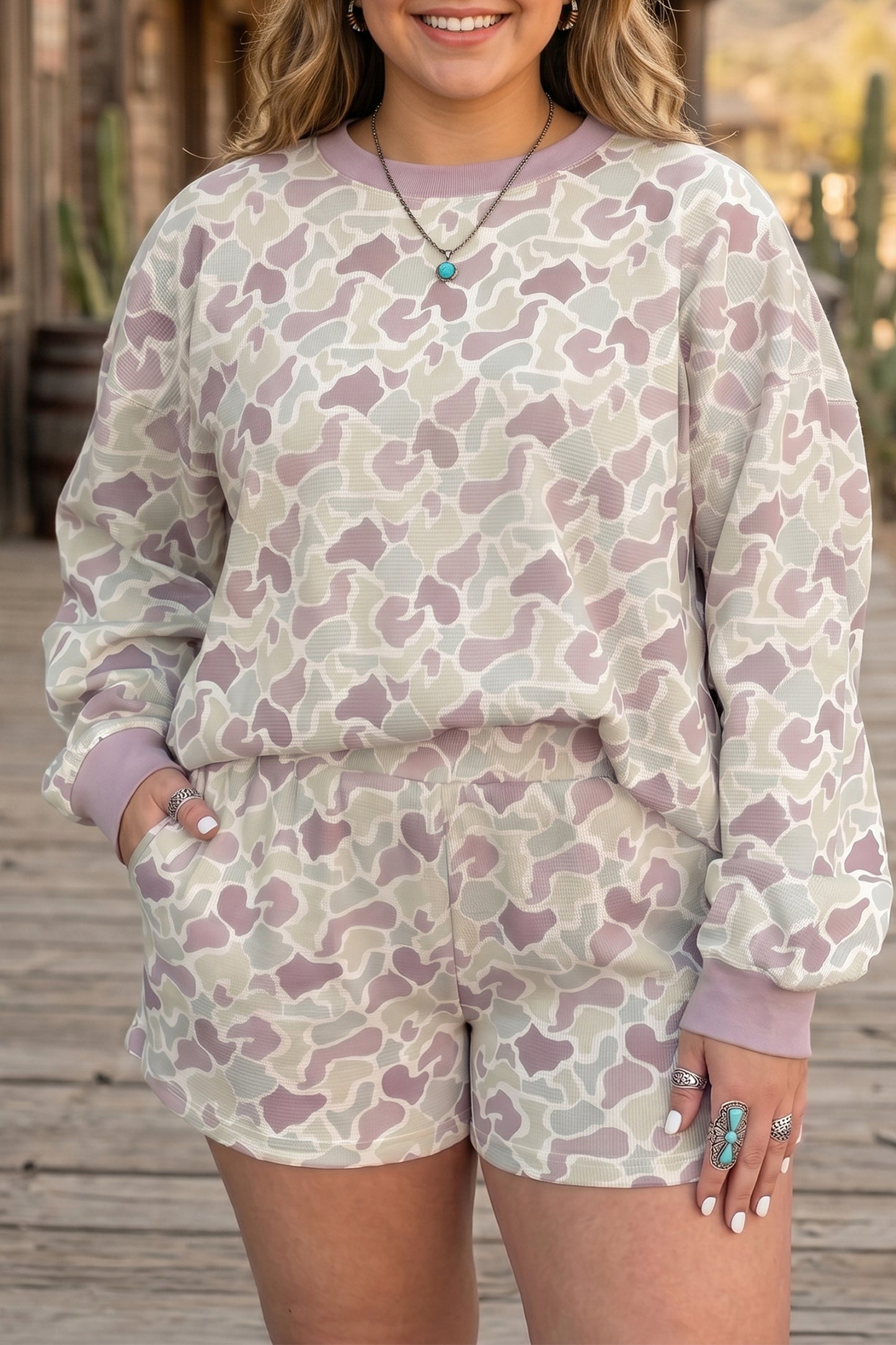 Green Camouflage Print Waffle Textured Pullover and Shorts Plus Size 2pcs Set