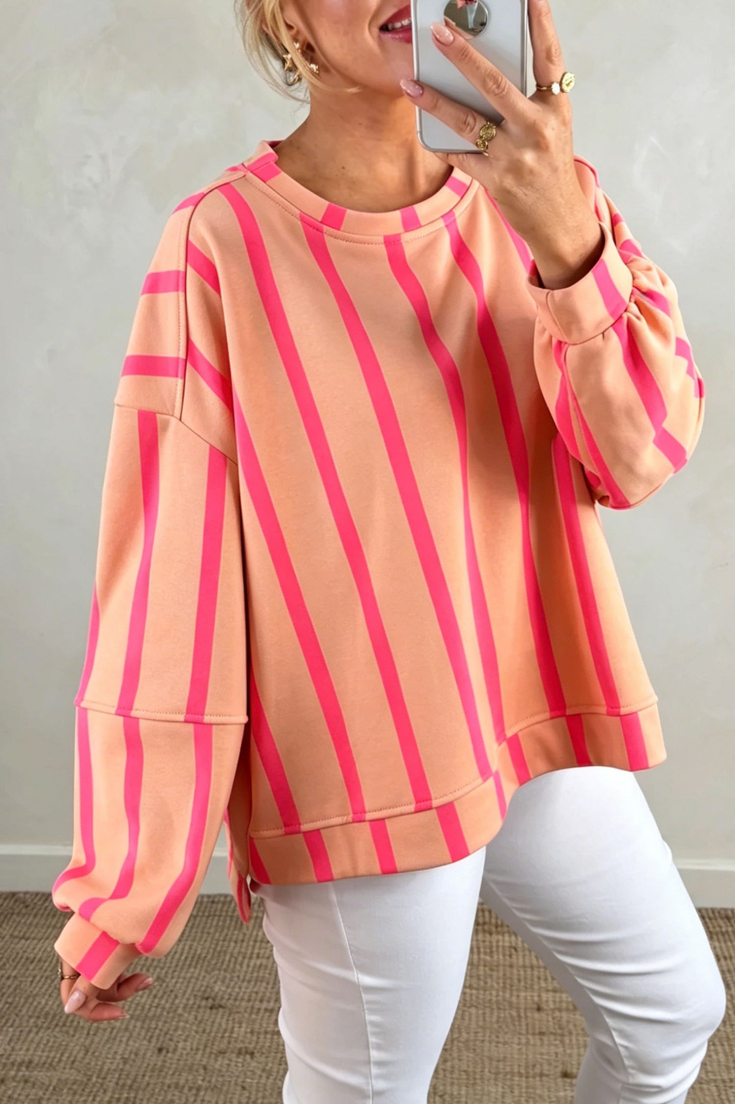 Pink Stripe Dropped Shoulder Round Neck Casual Sweatshirt
