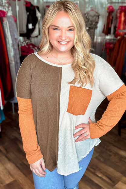 Chestnut Plus Size Color Block Textured Patchwork Top with Pocket