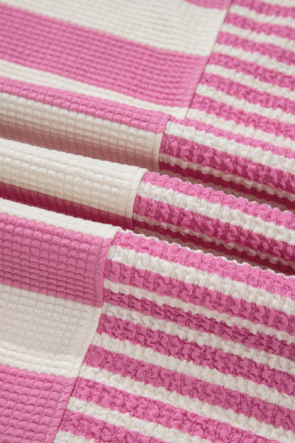 Pink Stripe Patchwork Textured Short Sleeve High Low Loose Top