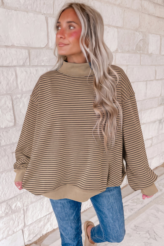 Khaki Stripe Ribbed Color Block Mock Neck Oversized Sweatshirt