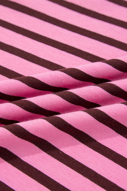 Pink Stripe V Neck Long Sleeve Drop Shoulder Blouse