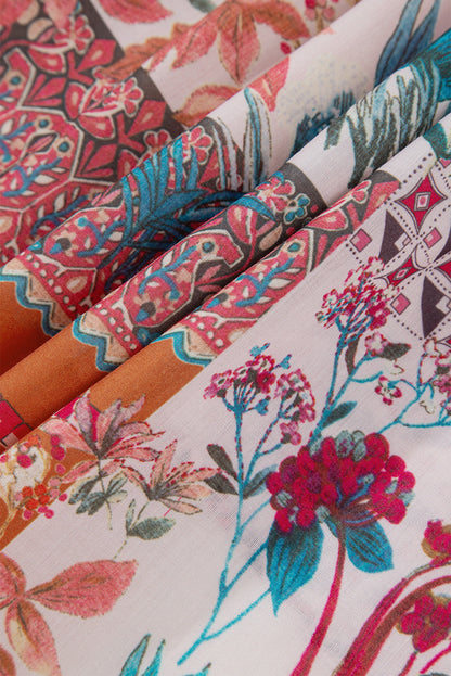 Chemise rouge bohème à imprimé géométrique mixte et manches bouffantes