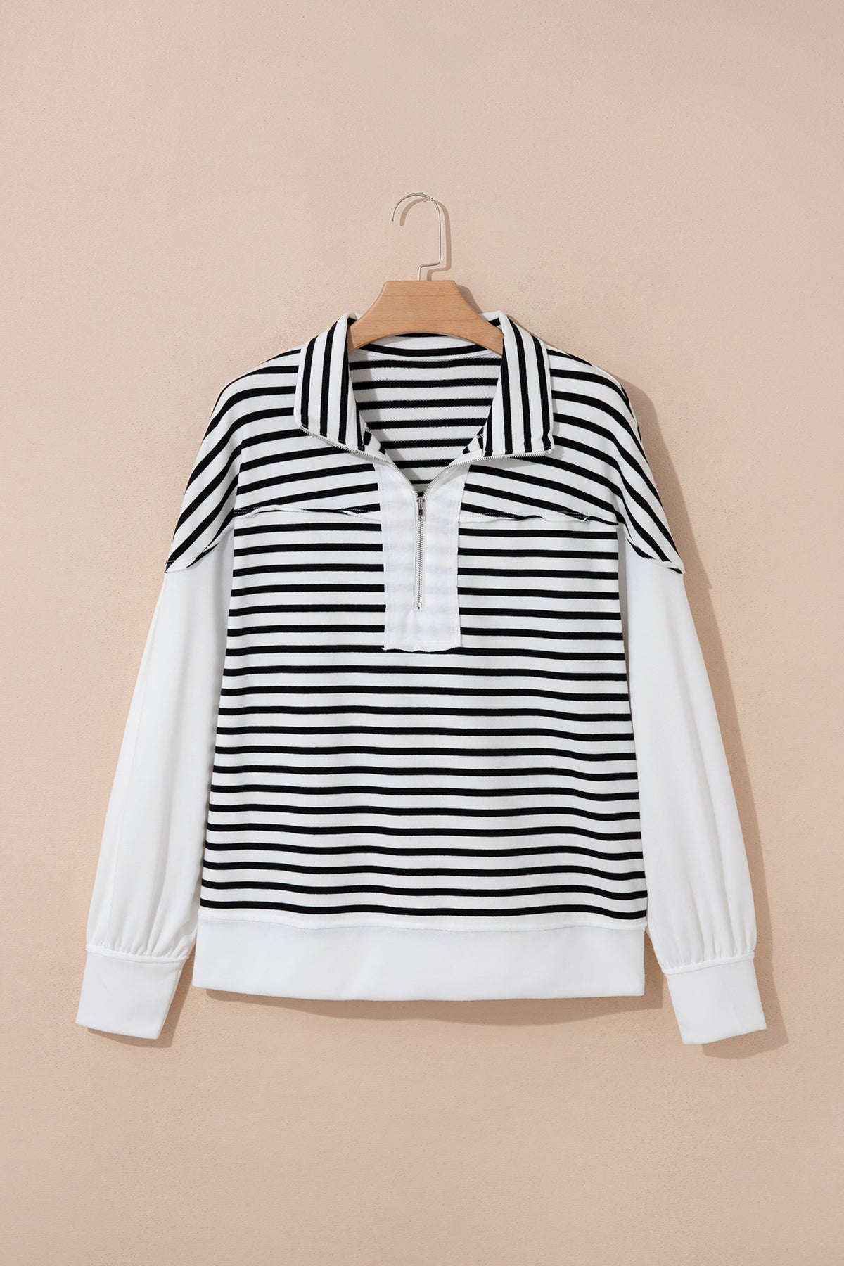 White Stripe Color Block Long Puff Sleeve Metal Zip-Up Collar Top