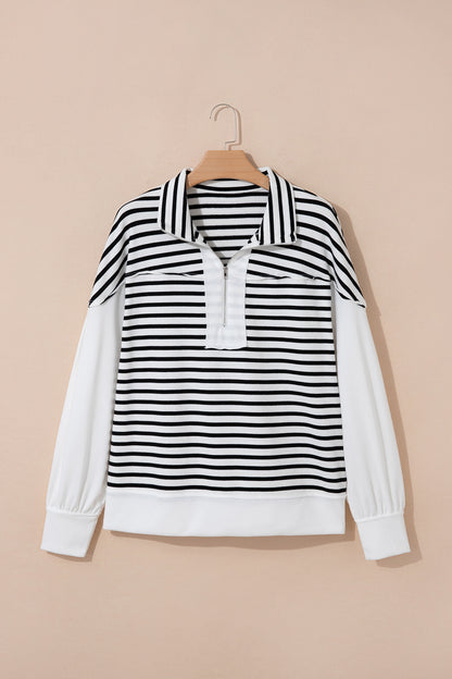 White Stripe Color Block Long Puff Sleeve Metal Zip-Up Collar Top