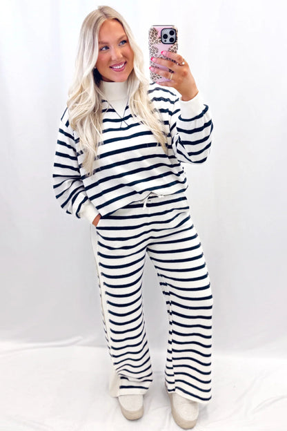 Blue Stripe Striped Ribbed Cuff Collar Pocket Loose Pant Set