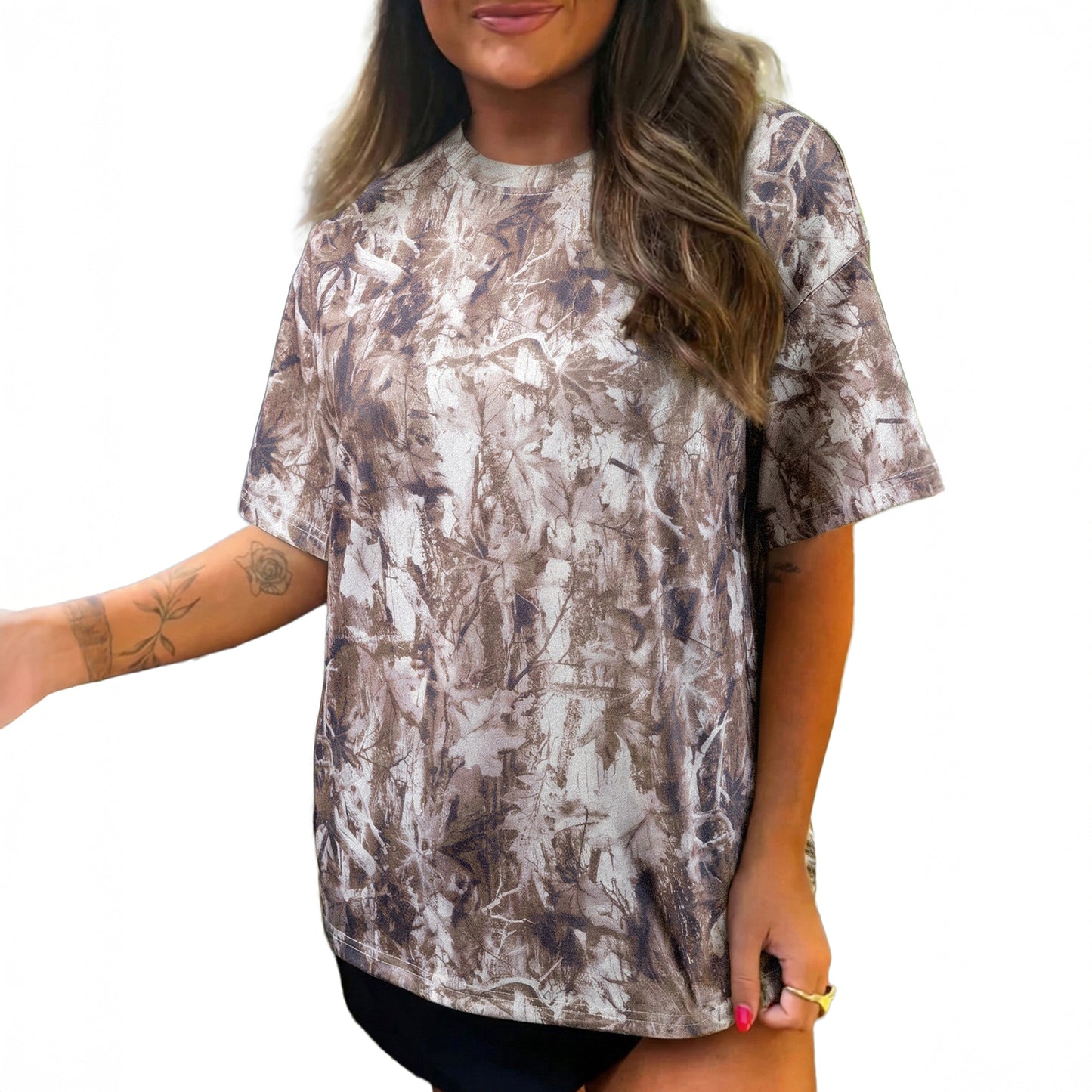 Khaki Camouflage Woodland Print Drop Shoulder Tunic Tee
