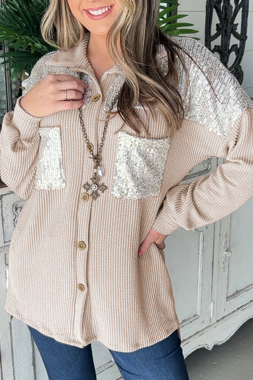 Veste-chemise à cordon avec poche poitrine plaquée à sequins parchemin