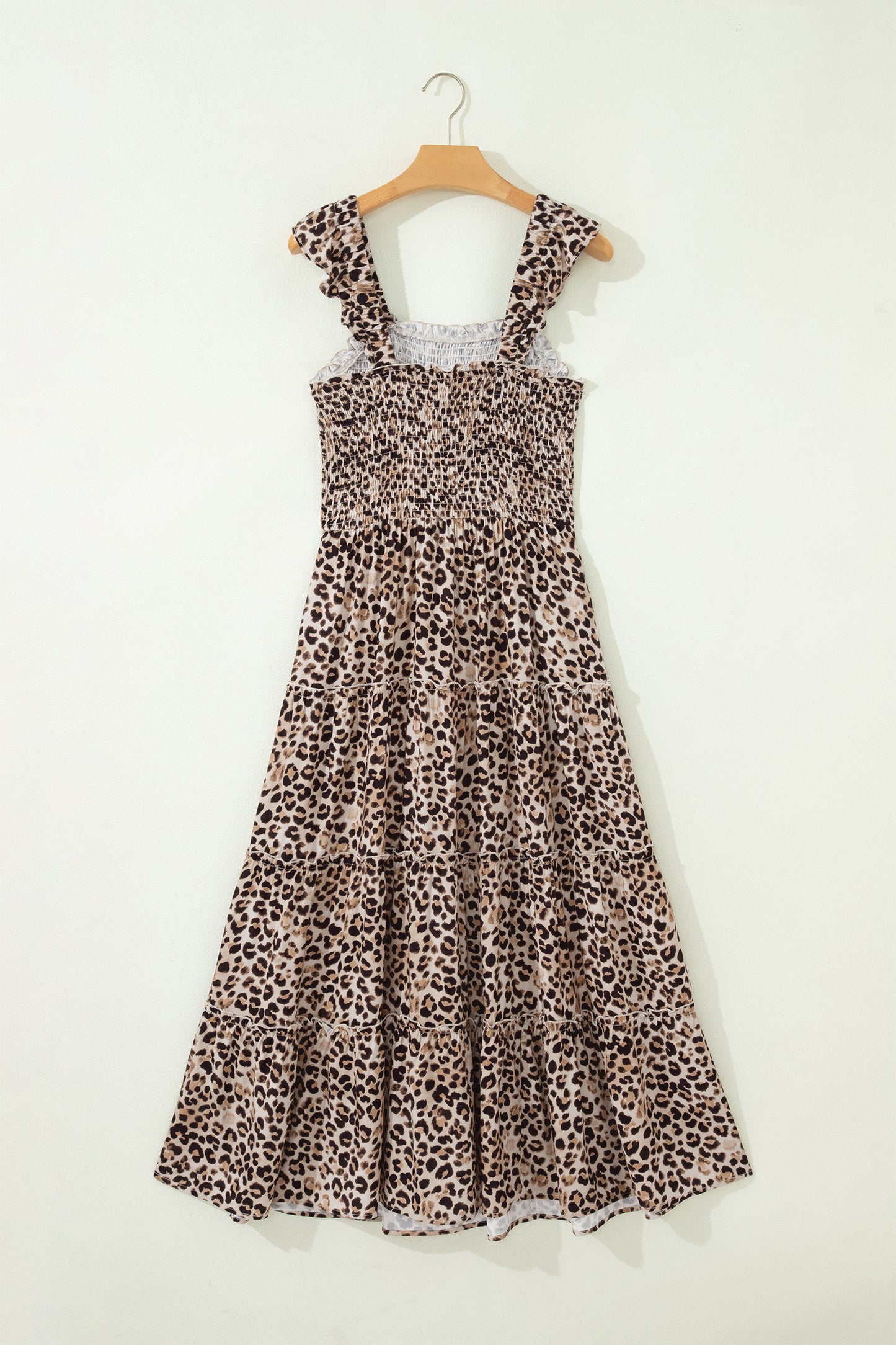 Brown Ruffled Straps Smocked Tiered Leopard Maxi Dress