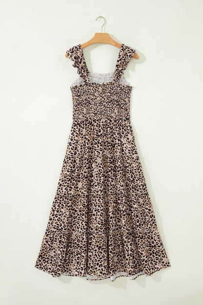 Brown Ruffled Straps Smocked Tiered Leopard Maxi Dress