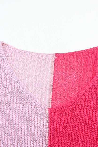 Pull rose à manches longues et col en V colorblock