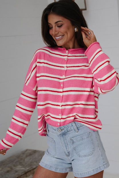 Pink Stripe Striped Drop Shoulder Button Cardigan