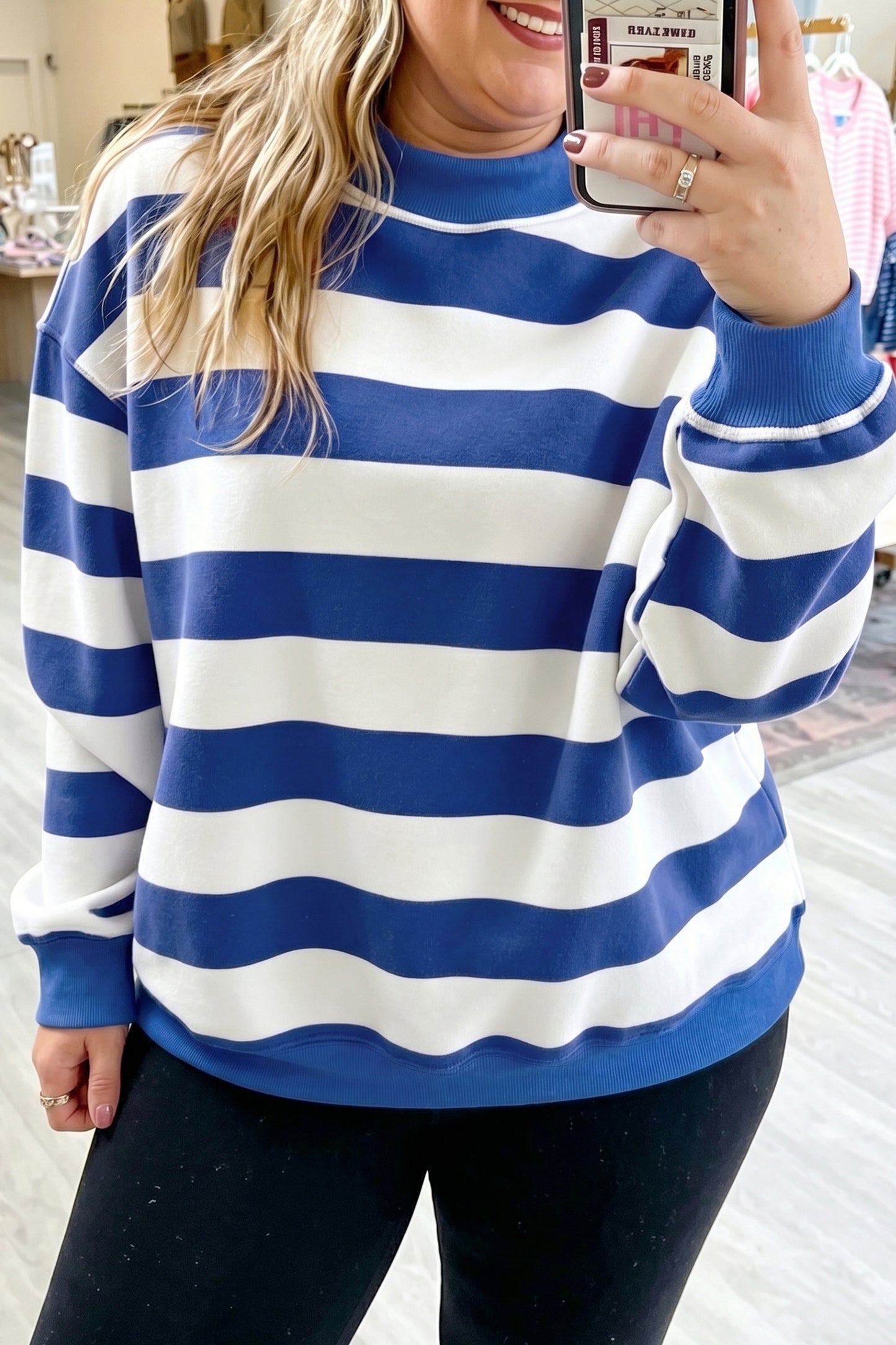 Blue Stripe Ribbed Trim Stand Neck Dropped Shoulder Plus Size Sweatshirt