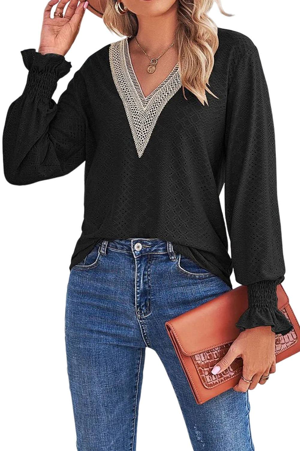 Chemisier à manches courtes et col en V avec bordure en dentelle