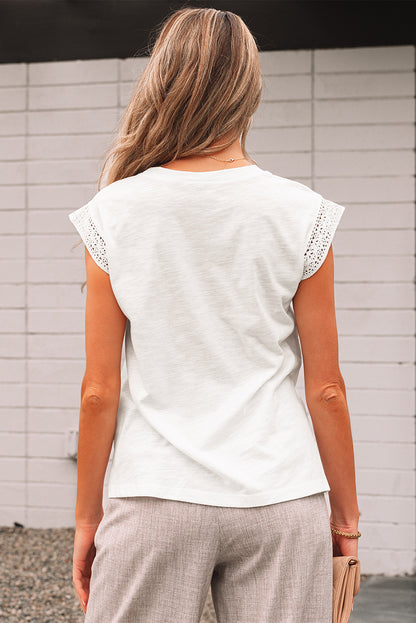 Yellow Cream Lace Patchwork Cap Sleeve Round Neck T Shirt