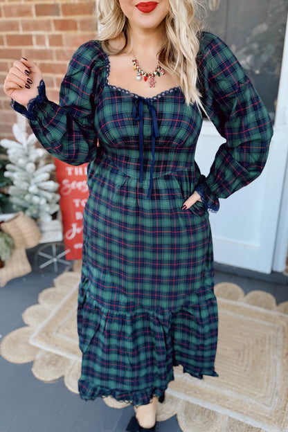 Green Vintage Plaid Square Neck Lace Trim Long Sleeve Shift Dress