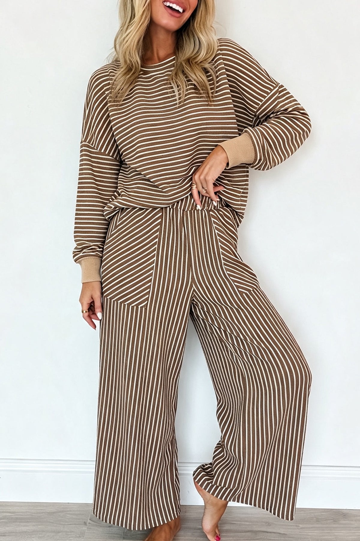 Brown Stripe Drop Shoulder Relaxed Pullover Casual Pants 2pcs Set