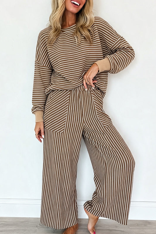 Brown Stripe Drop Shoulder Relaxed Pullover Casual Pants 2pcs Set