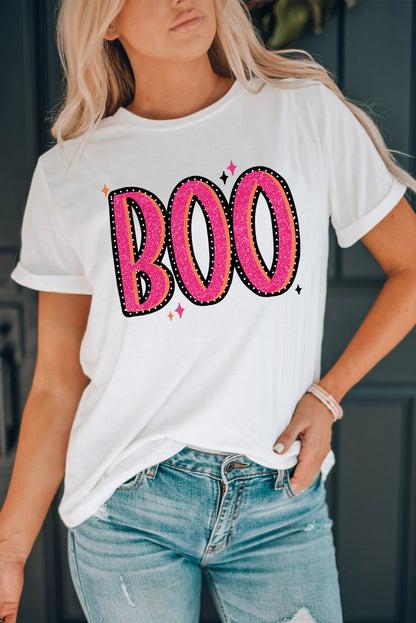Camiseta blanca con gráfico de cuello redondo BOO