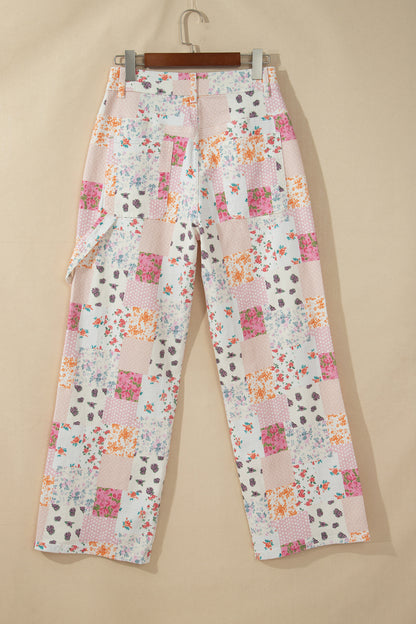 Pink Floral Patchwork Wide Leg Full Length Jeans