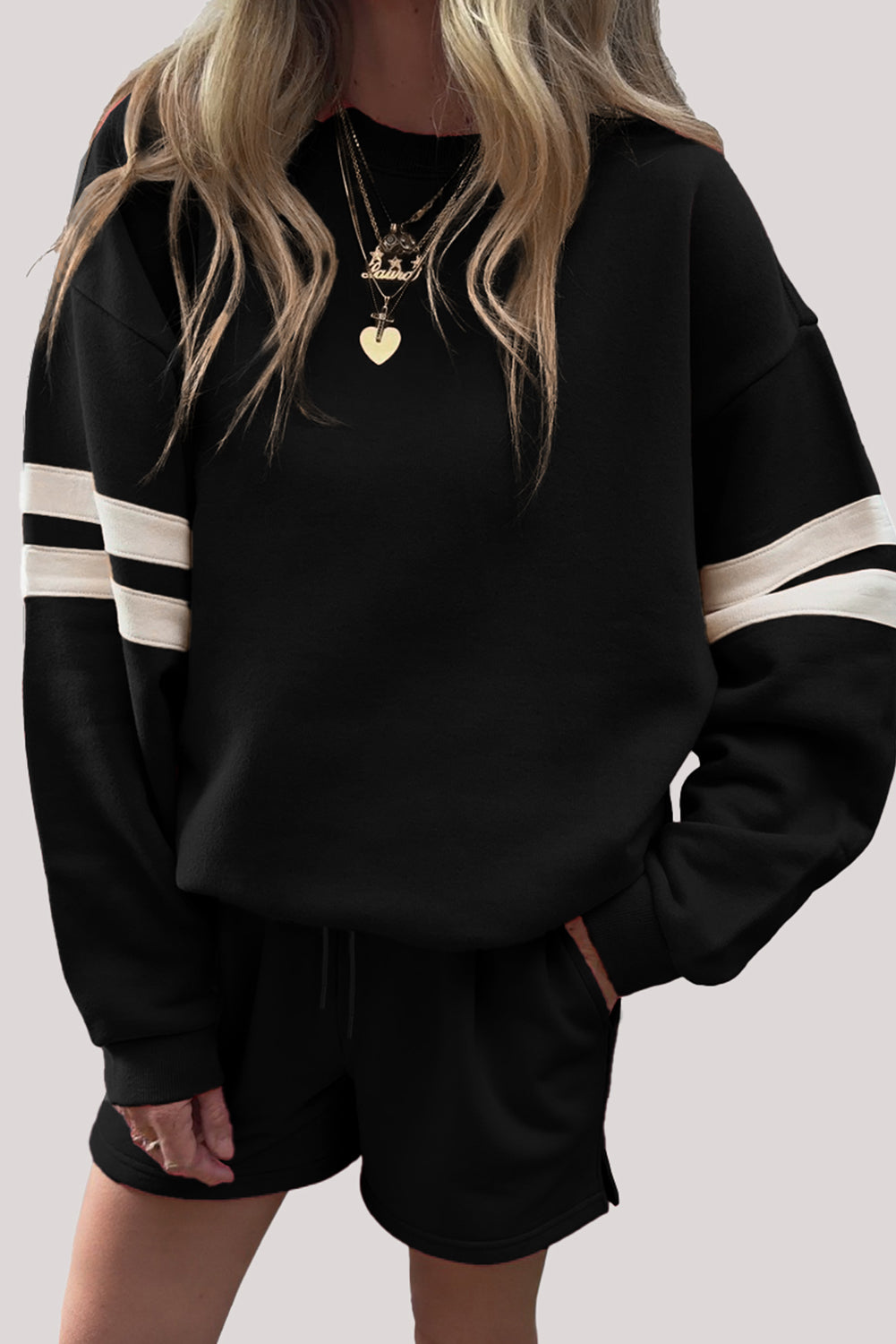 Black Varsity Striped Sleeve Drop Shoulder Sweatshirt and Short Set
